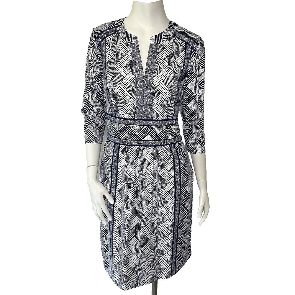 J. McLaughlin Lola Dress M Blue White Basketweave Catalina Cloth Preppy Office